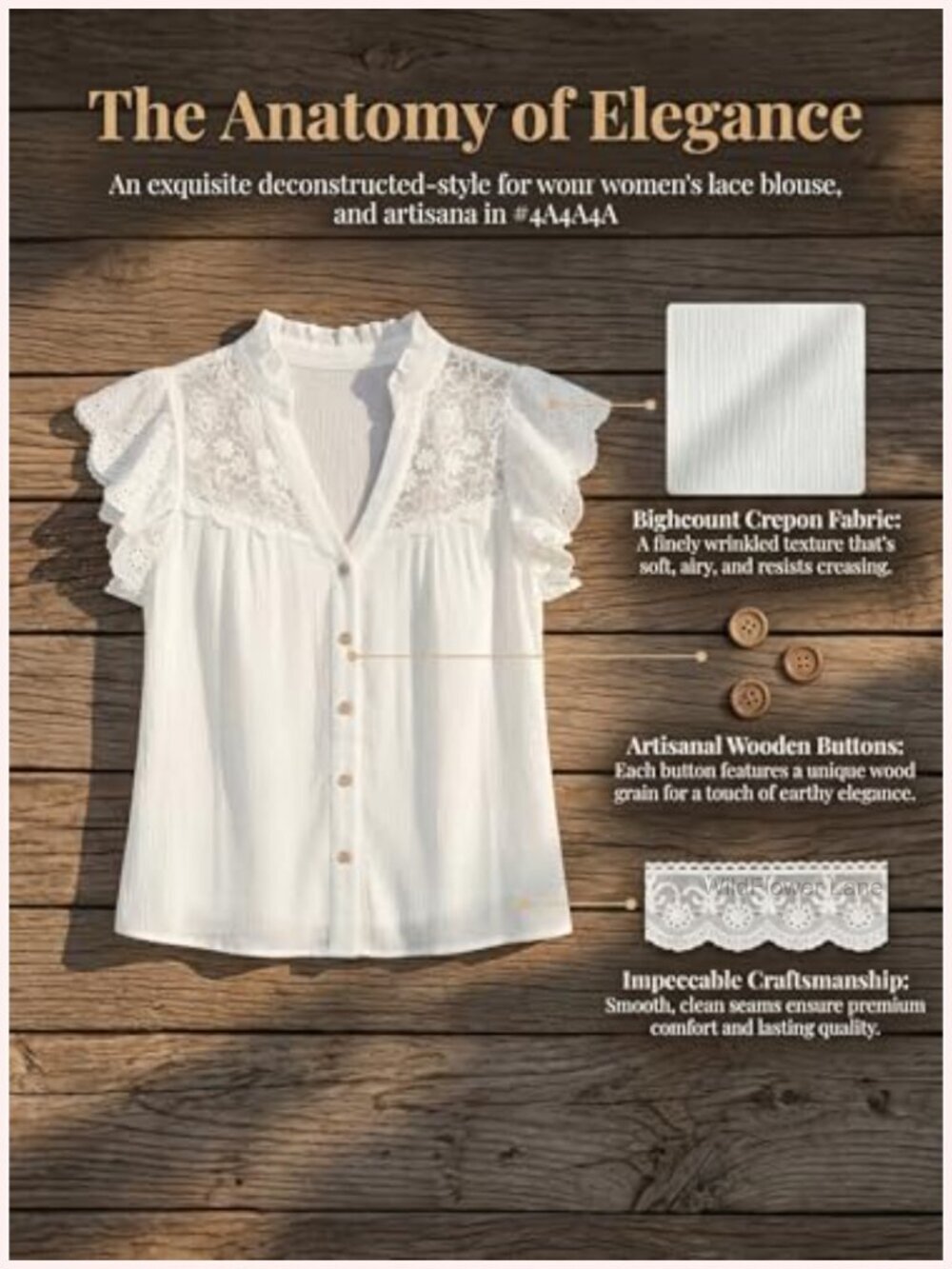 Ruffle Sleeve Lace Top V Neck Button Down Blouse Spring Summer - Picture 7 of 7